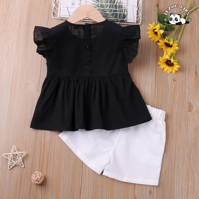 LEZONKIDS - Customized Girls Clothing Toddler Girls Clothing Sets Ruffle Flower Embroidery Short Girls Set